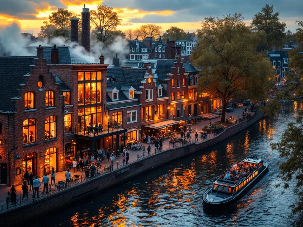 Aerial view of Amsterdam canal district at golden hour with historic red brick brewery buildings, electric boats, and traditional gabled houses.