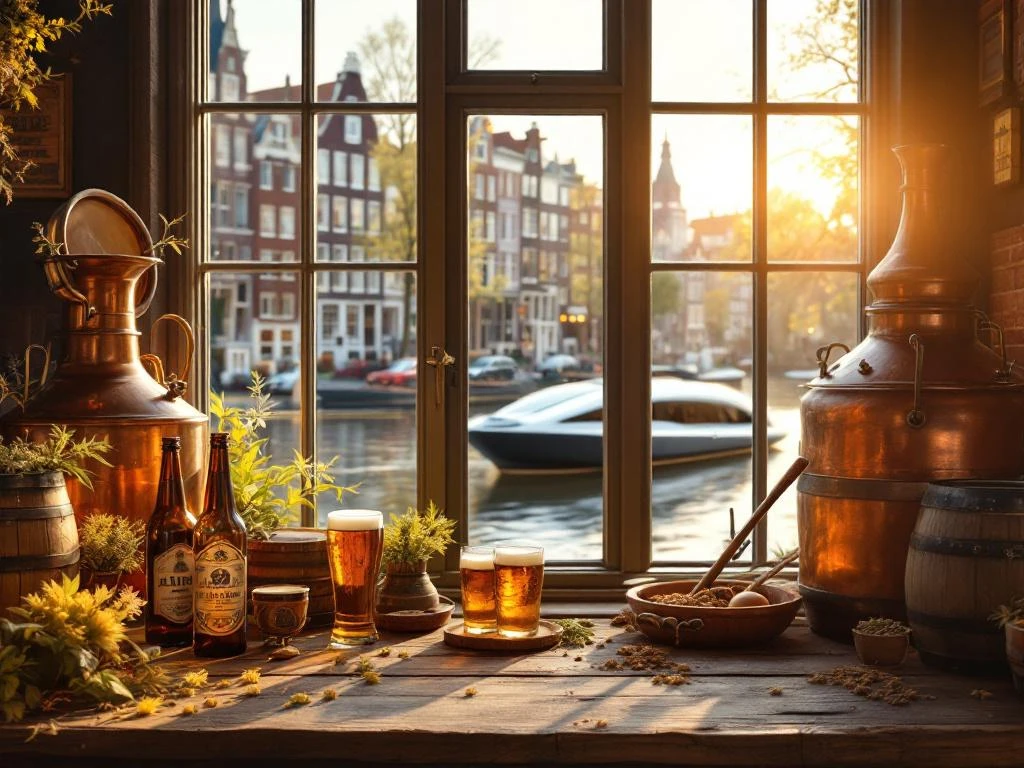 Historic Amsterdam brewery with copper kettles, wooden barrels, and Dutch beer bottles overlooking canal with gabled buildings.