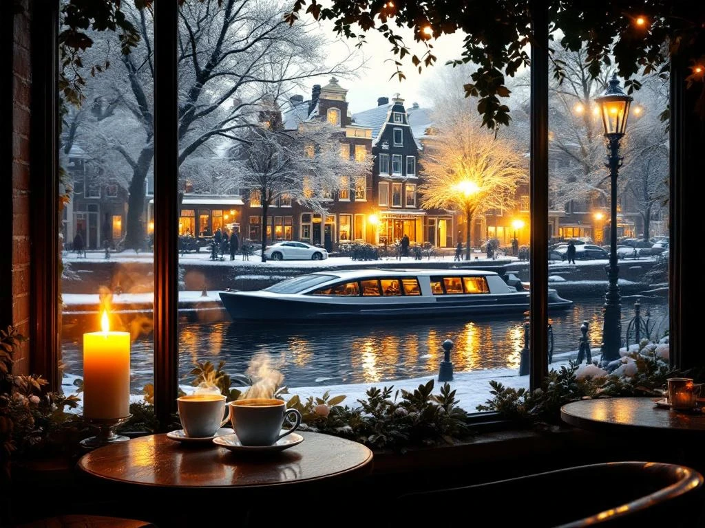 Cozy Amsterdam café interior with warm lighting, steaming coffee cups, and snowy canal view through frosted window