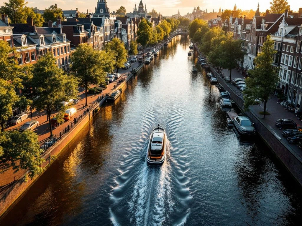 Aerial view of Amsterdam canal ring with historic Dutch Golden Age buildings, gabled facades, and electric boat on waterway