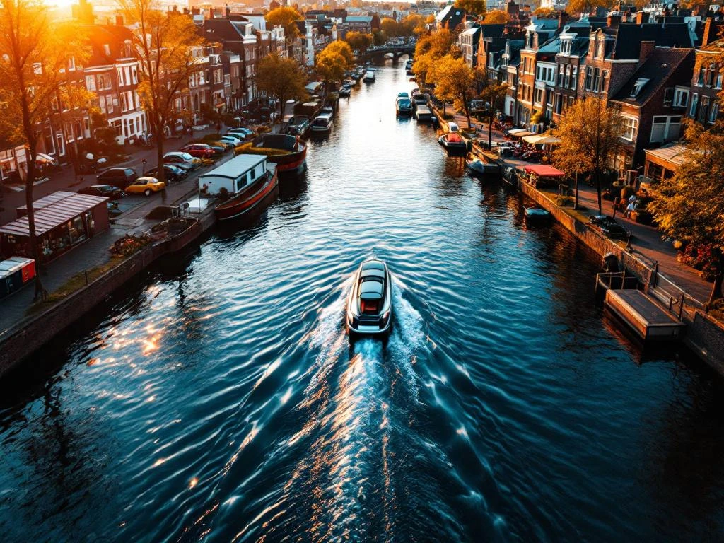 Aerial view of Amsterdam canal ring with historic gabled houses and electric boat during golden hour sunset