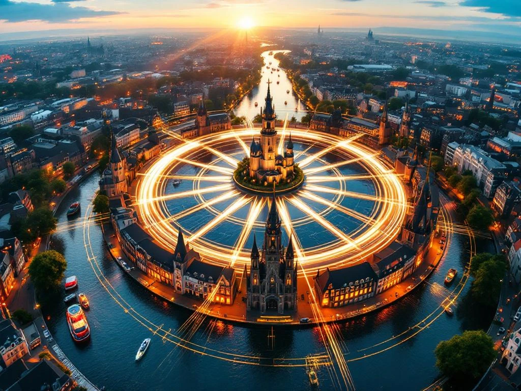 Aerial view of Amsterdam's canal rings with electric boats and light trails connecting to five European destinations at golden hour