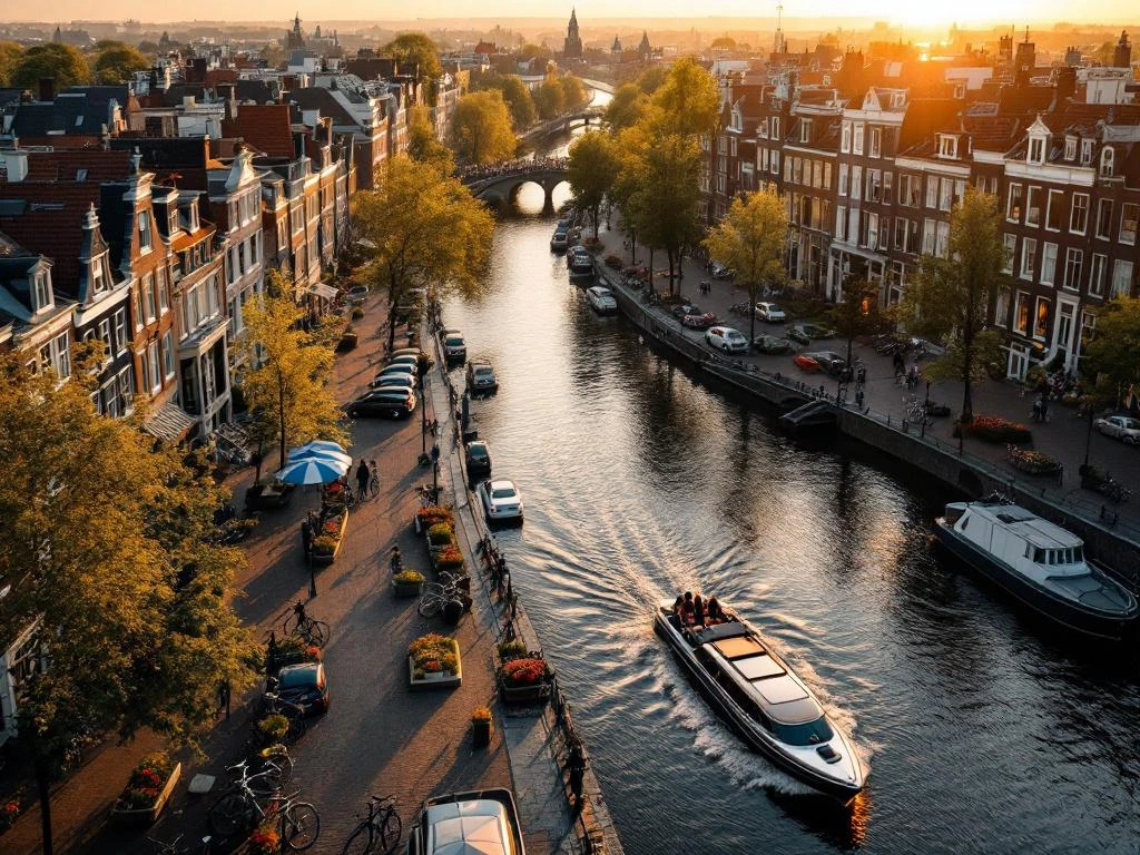 Aerial view of Amsterdam's historic canal ring at golden hour with traditional Dutch houses, electric boat, and bicycles