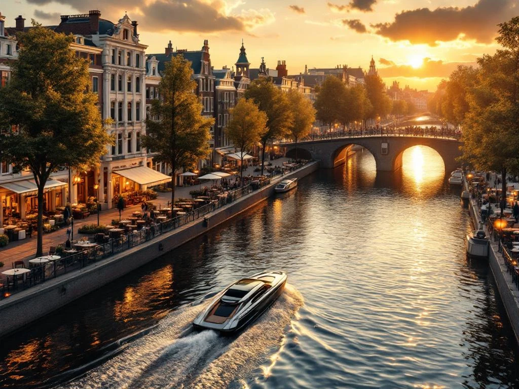 Aerial view of Amsterdam's historic canal ring at sunset with electric boat on water and illuminated buildings