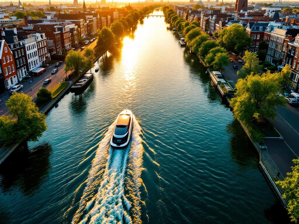Aerial view of Amsterdam canal ring at golden hour with electric boat, traditional Dutch houses, and church spires