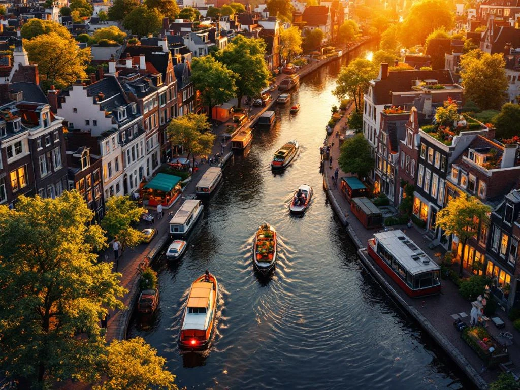 Aerial view of Amsterdam's canal ring at golden hour with electric boats, historic gabled houses, and rooftop gardens reflected in water.