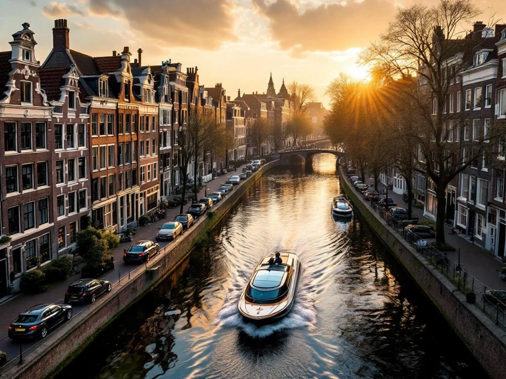Aerial view of Amsterdam's historic canal district at golden hour with electric boat navigating between Dutch gabled buildings