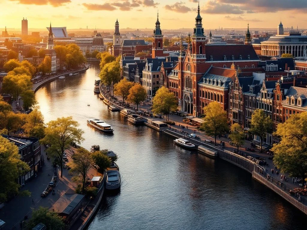 Aerial view of Amsterdam's canal ring at sunset with Rijksmuseum, historic buildings, and electric boat on waterway