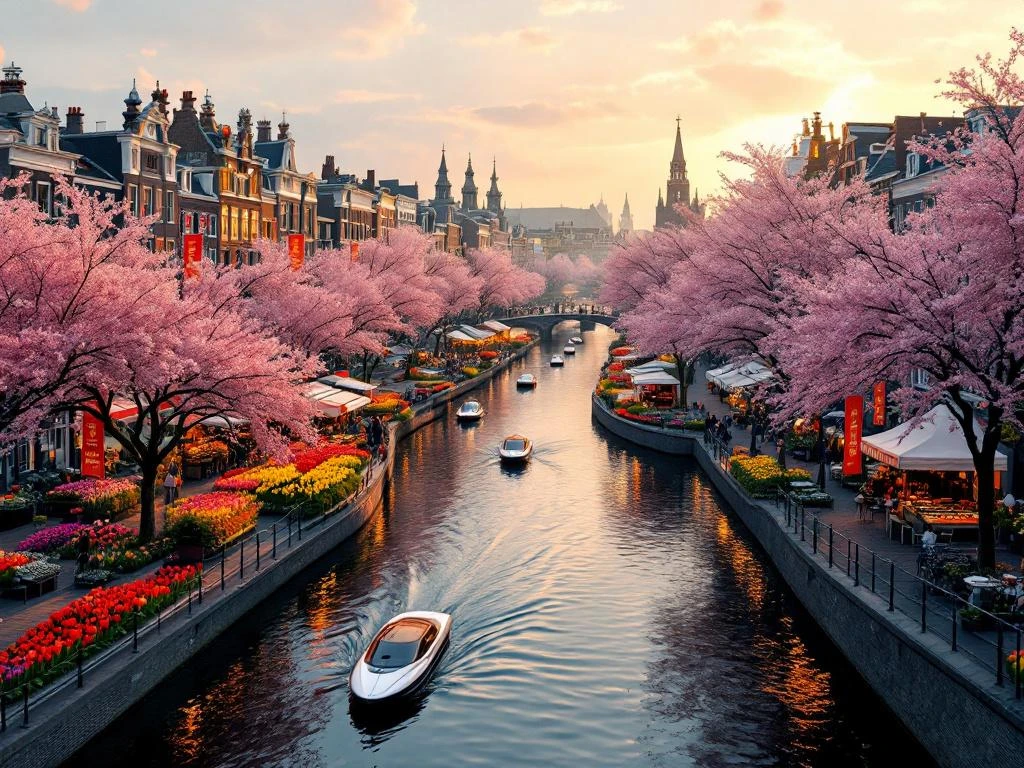 Aerial view of Amsterdam's historic canals during spring festival with tulips, colorful banners, and boats at golden hour.