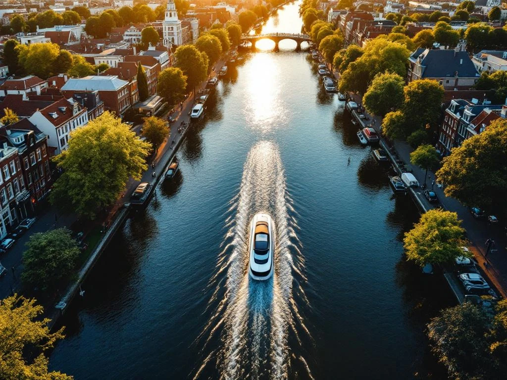 Aerial view of Amsterdam's canal ring with historic houses and electric boat during golden hour sunset