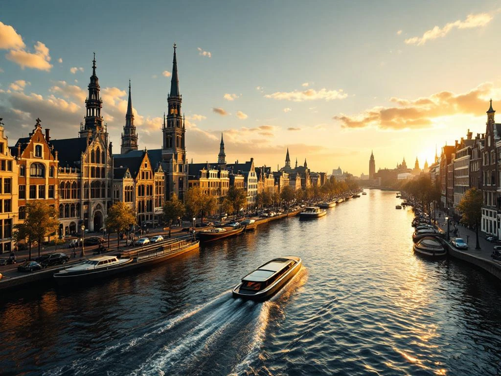 Aerial view of Amsterdam's historic canal district at golden hour with electric boat, Rijksmuseum, and 17th-century houses
