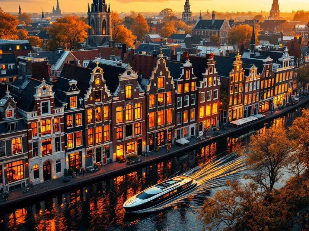 Aerial view of Amsterdam canal ring with 17th-century gabled houses, church spire, and electric boat during golden hour