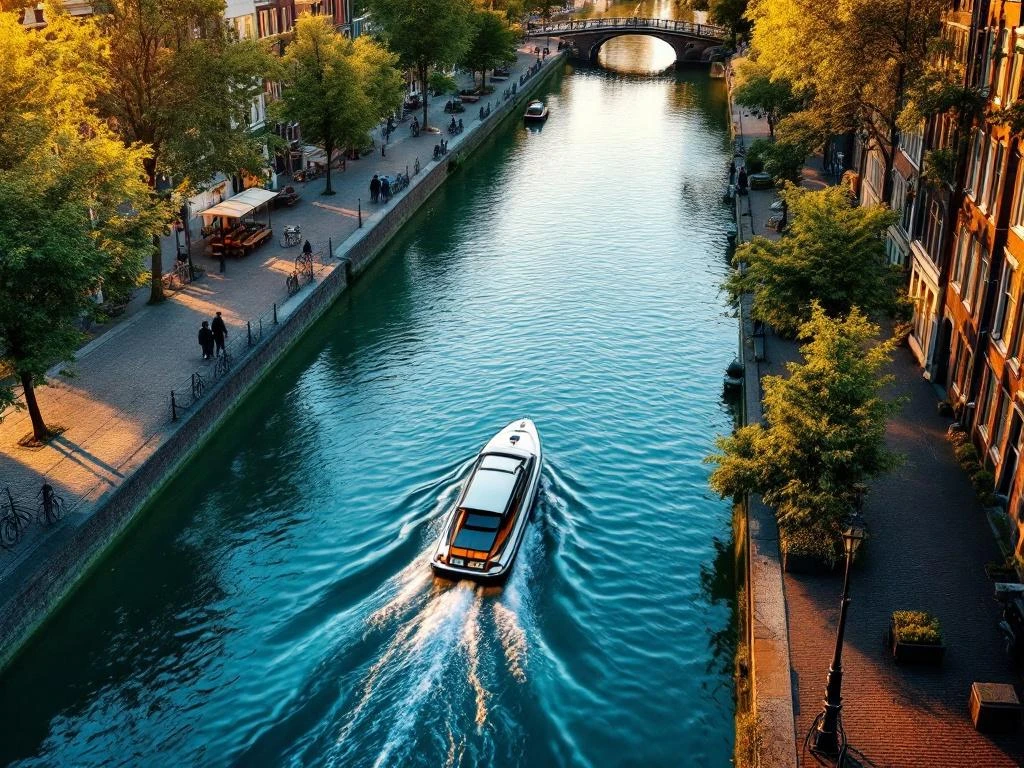 Aerial view of Amsterdam's historic canal ring with gabled houses, cobblestone paths, bicycles, and electric boat at golden hour