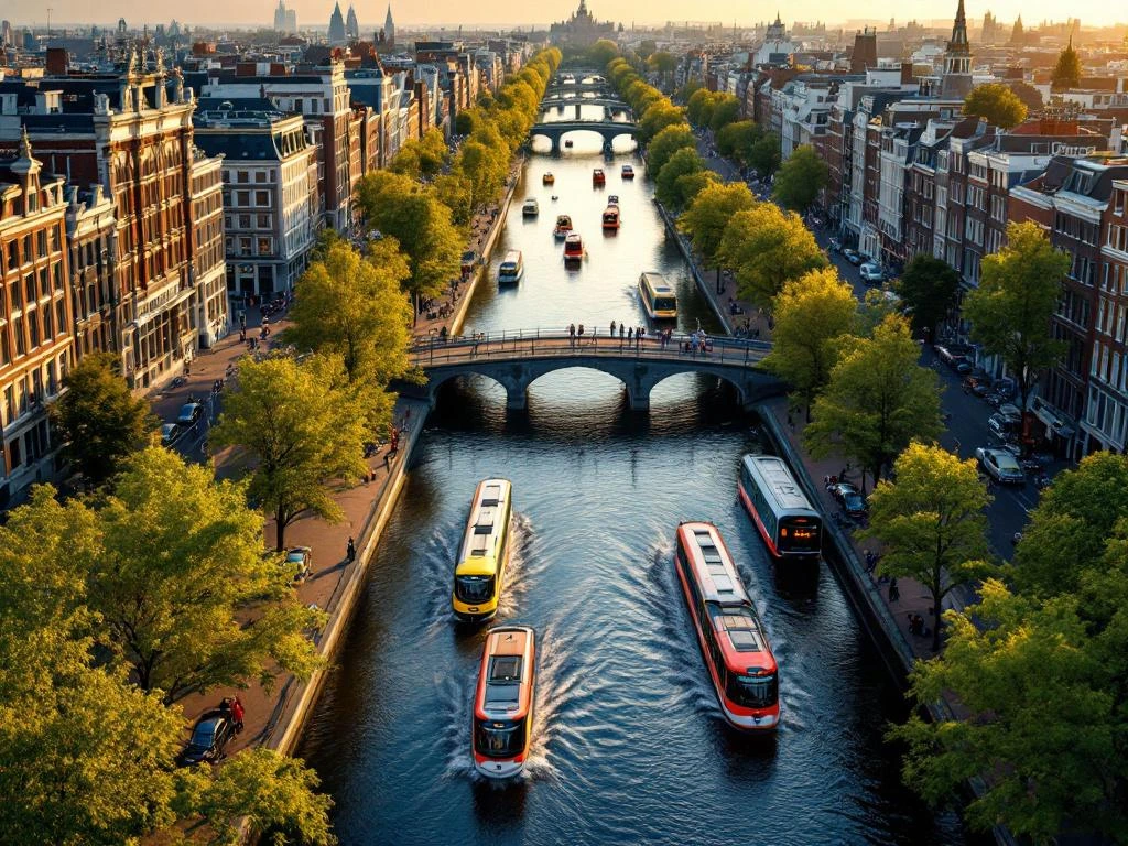 Aerial view of Amsterdam's canals with colorful trams, buses and boats during golden hour, showing integrated transportation
