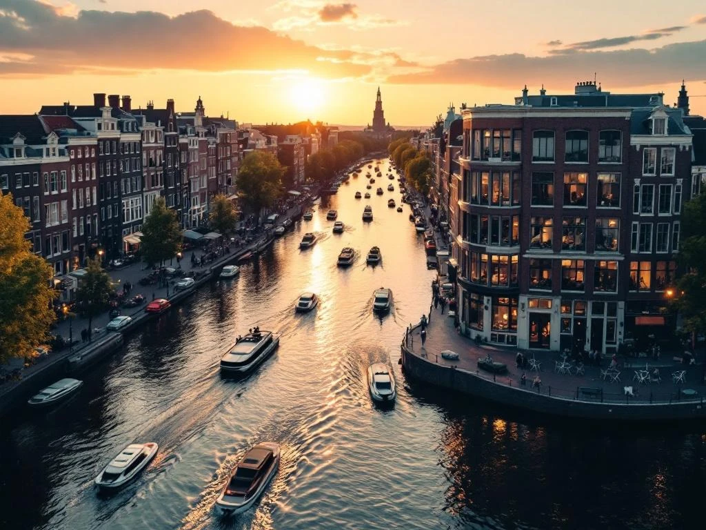 Aerial view of Anne Frank House along Amsterdam's historic Prinsengracht canal with electric boats during golden hour sunset