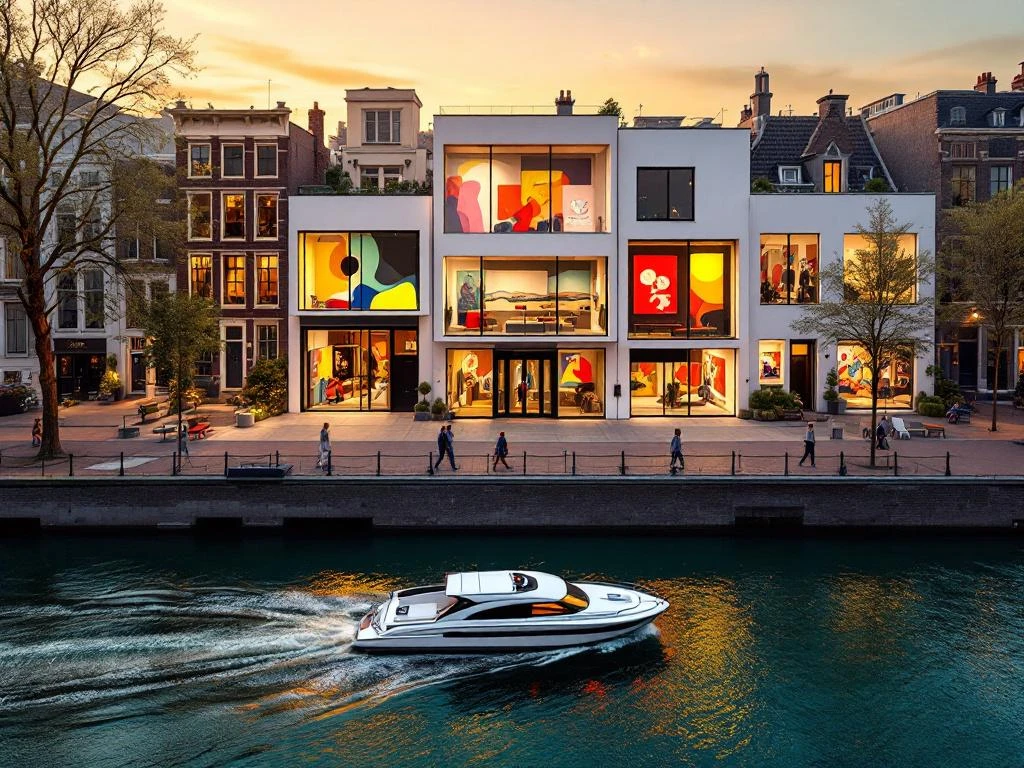 Aerial view of Amsterdam's modern art galleries with glass walls along historic canals, electric boat below at golden hour.