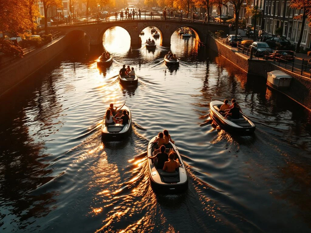 Friends enjoying electric boat tours on Amsterdam canals at sunset with historic gabled houses and warm golden lighting.