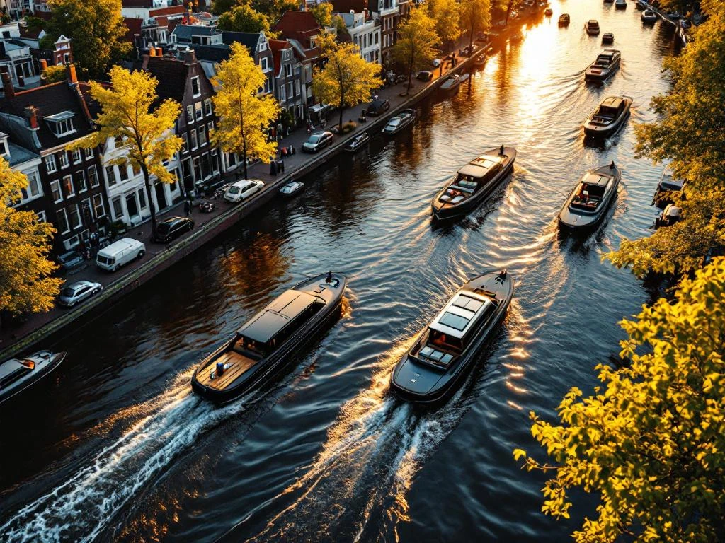 Electric boats gliding through Amsterdam's historic canals at golden hour with traditional Dutch architecture and calm water reflections.