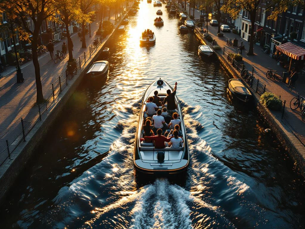 Electric boat with diverse travelers cruising Amsterdam canals at golden hour, historic Dutch houses and bicycles lining waterways