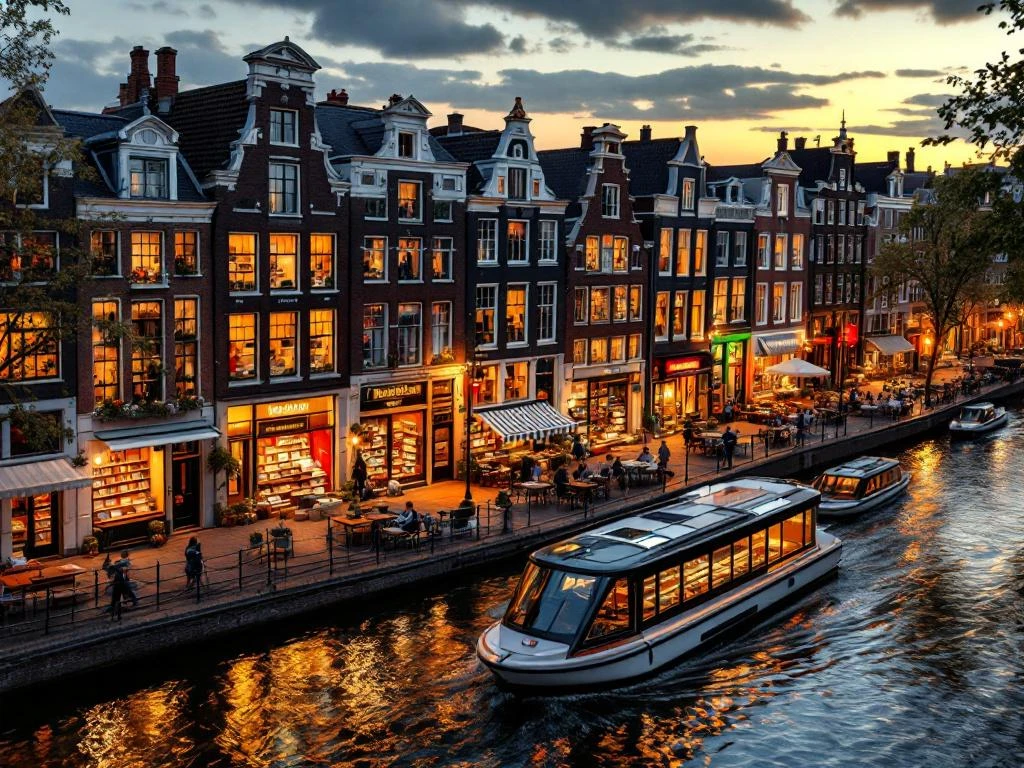 Aerial view of Amsterdam canal district with historic bookshops, narrow Dutch buildings, and electric boats at golden hour