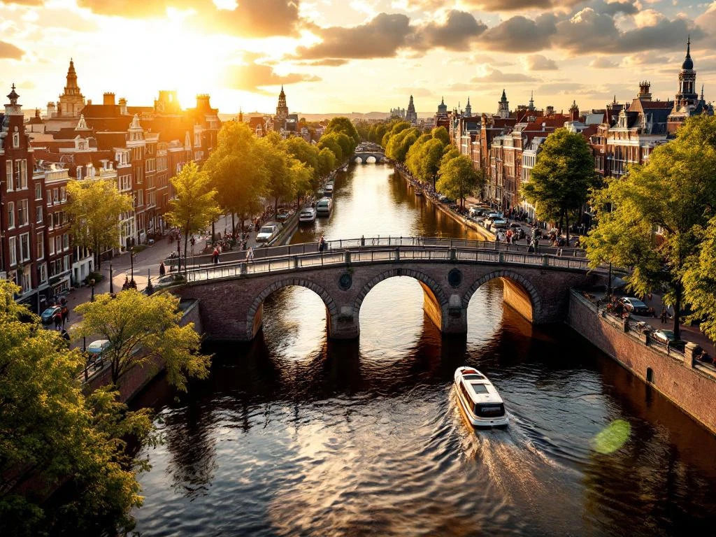 Aerial view of Amsterdam canals with historic stone bridges at golden hour, electric boat gliding beneath arches.