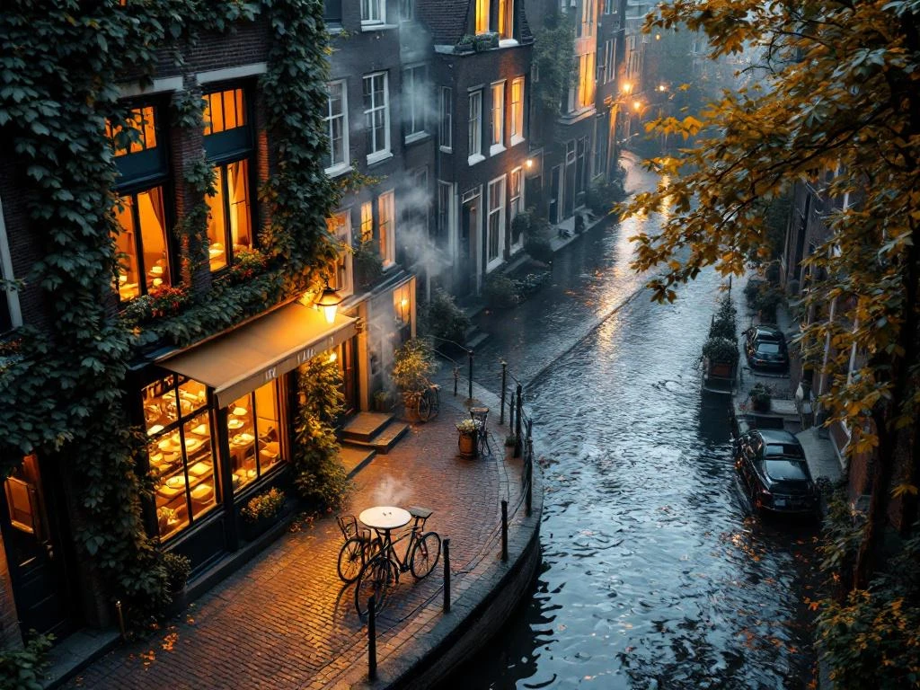 Aerial view of Amsterdam canal-side cafe with golden light between historic Dutch brick buildings and cobblestone streets.