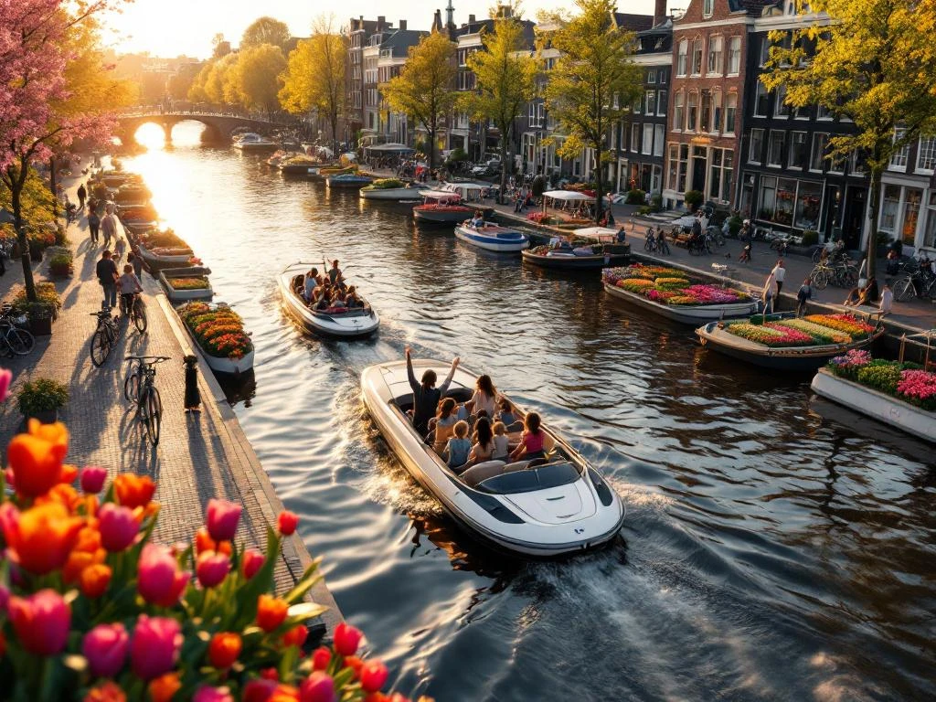 Electric boat with families cruising Amsterdam canals past colorful houses, tulips, and bridges during golden hour