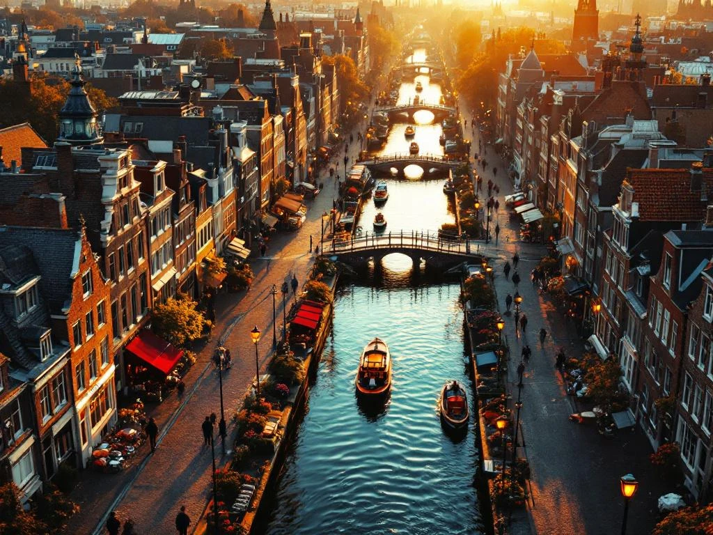 Aerial view of Amsterdam's historic canal district at golden hour with cobblestone streets, brick buildings, and boats on water.