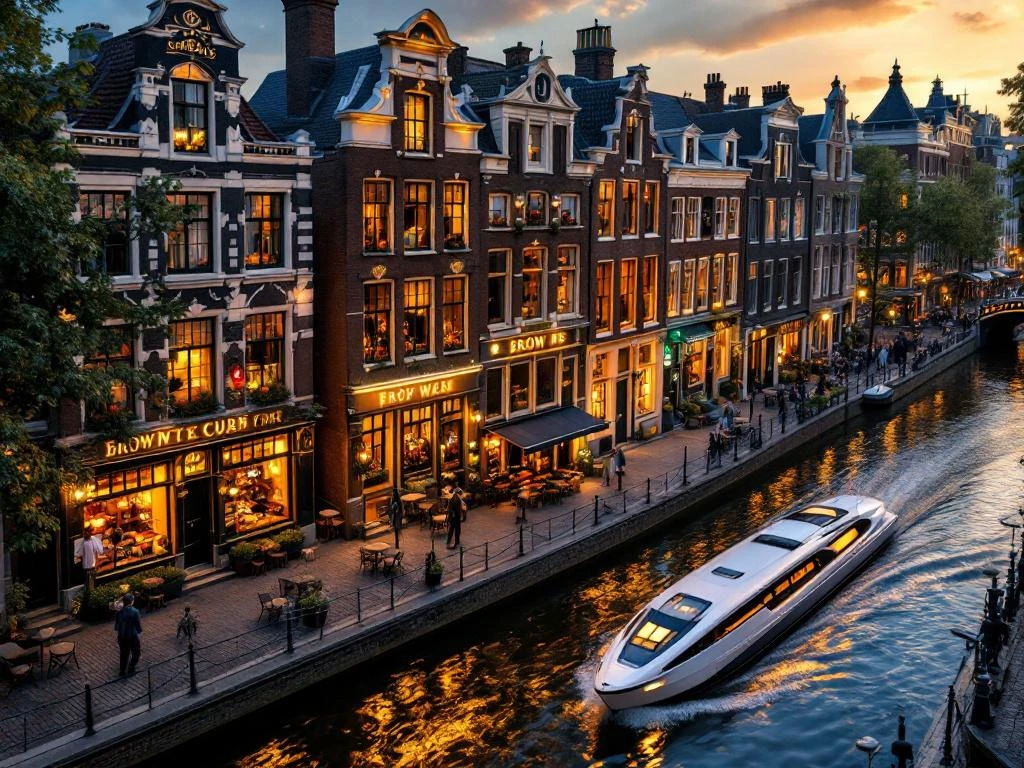 Aerial view of Amsterdam's historic canal district at golden hour with traditional gabled buildings and electric boat