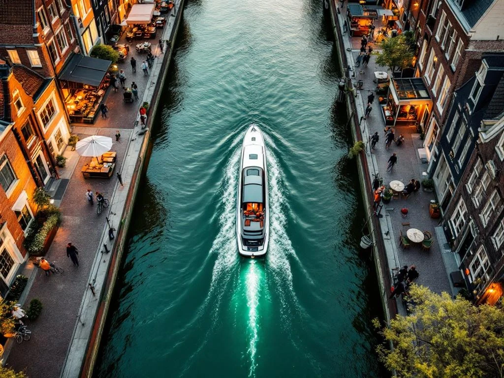 Aerial view of Amsterdam's canal ring with electric boat navigating emerald waterways between historic Dutch buildings at golden hour.