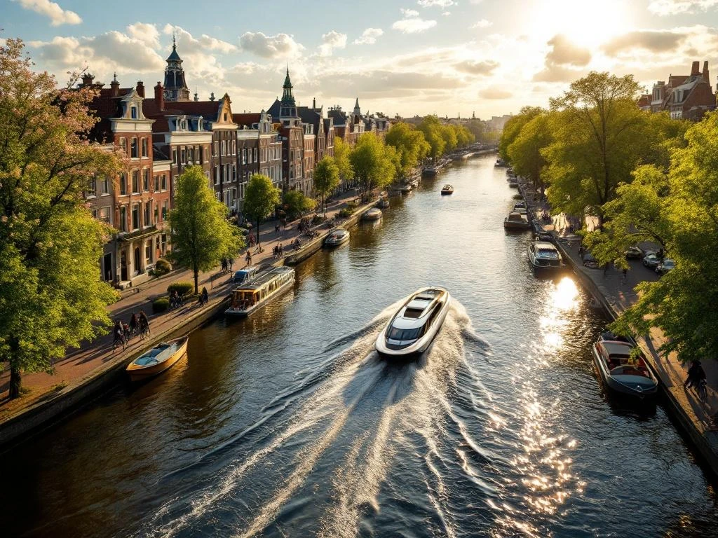 Aerial view of Amsterdam canals with electric boat, historic buildings, Vondelpark, and cyclists during golden hour