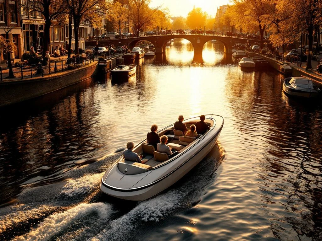 Electric boat carrying passengers of all ages glides through Amsterdam's historic canals during golden hour sunset
