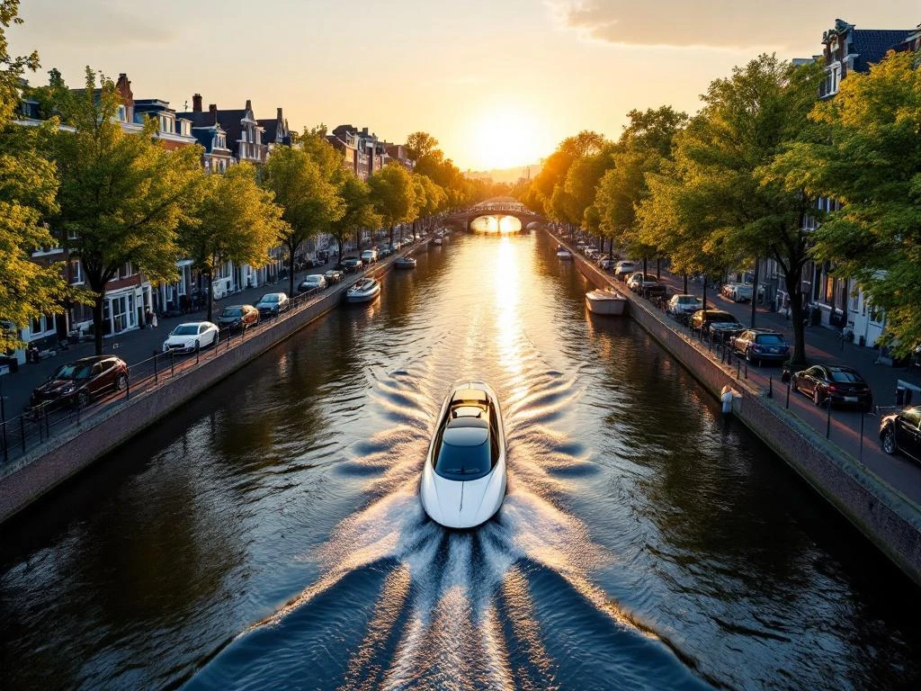 Modern electric boat cruising Amsterdam's historic canal ring at golden hour with 17th-century gabled houses and bridges