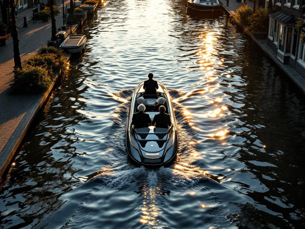 Electric boat with three passengers cruising Amsterdam canals at golden hour, historic Dutch houses lining waterways