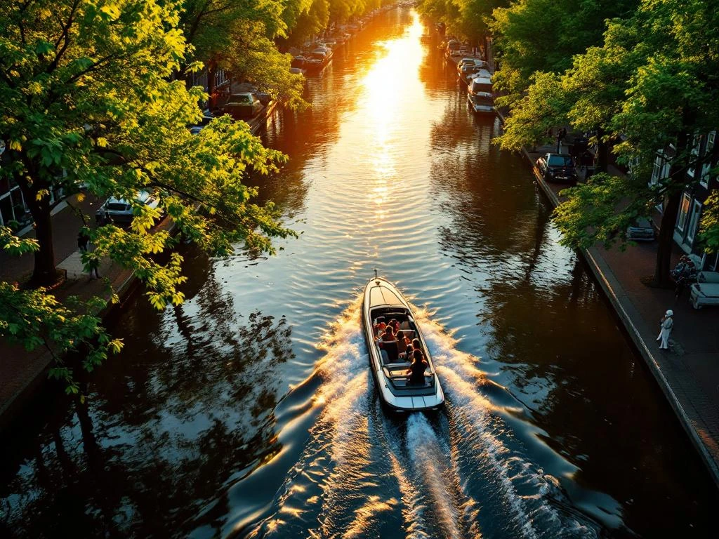Electric boat with family silhouettes cruising Amsterdam's historic canals at golden hour, with 17th-century houses reflected in water.