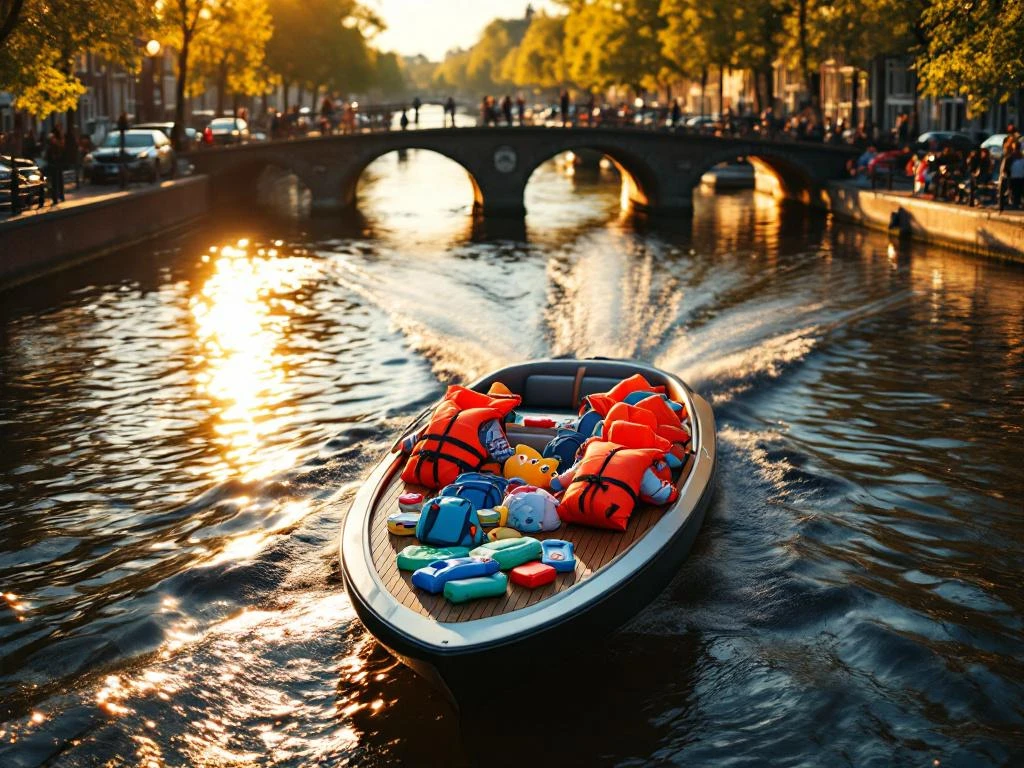 Electric boat with colorful toddler life jackets cruising Amsterdam canals at golden hour with historic Dutch buildings