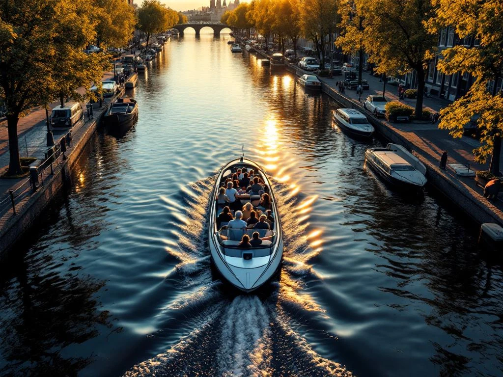 Electric boat with families cruising Amsterdam's historic canals during golden hour with traditional gabled houses and bridges