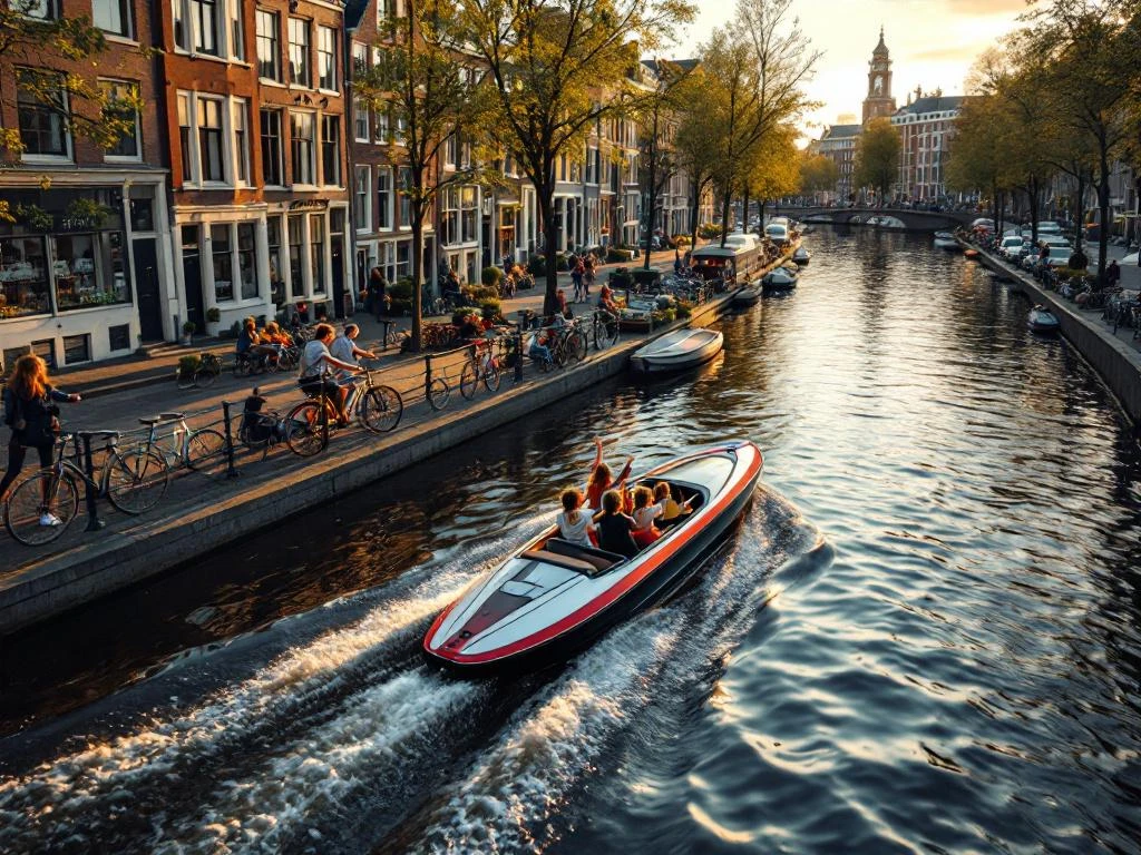 Electric boat with families touring Amsterdam's historic canals at golden hour, with gabled houses and bicycles along the banks.