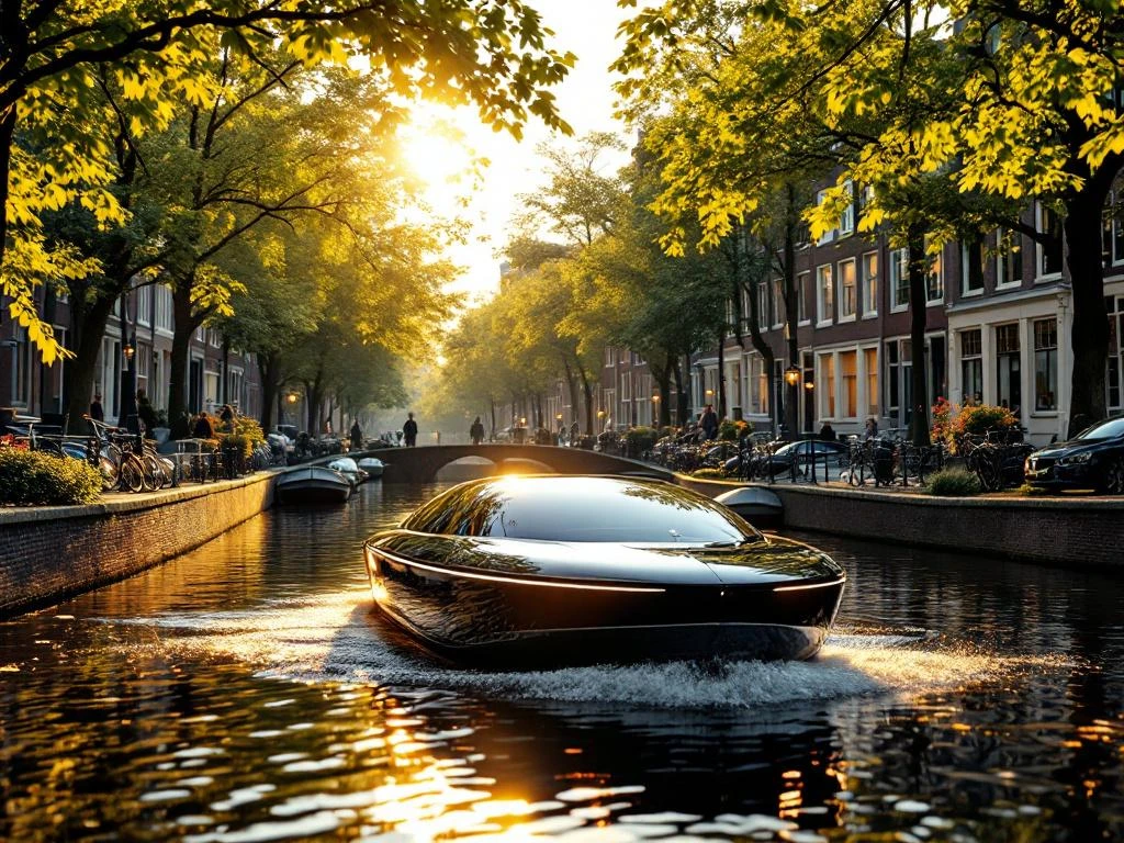 Electric boat cruising Amsterdam canal at golden hour with historic Dutch houses and tree reflections in water