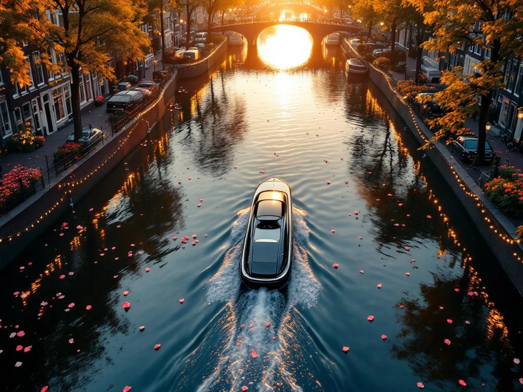Electric boat gliding through Amsterdam canal ring at golden hour with historic gabled houses and romantic lighting
