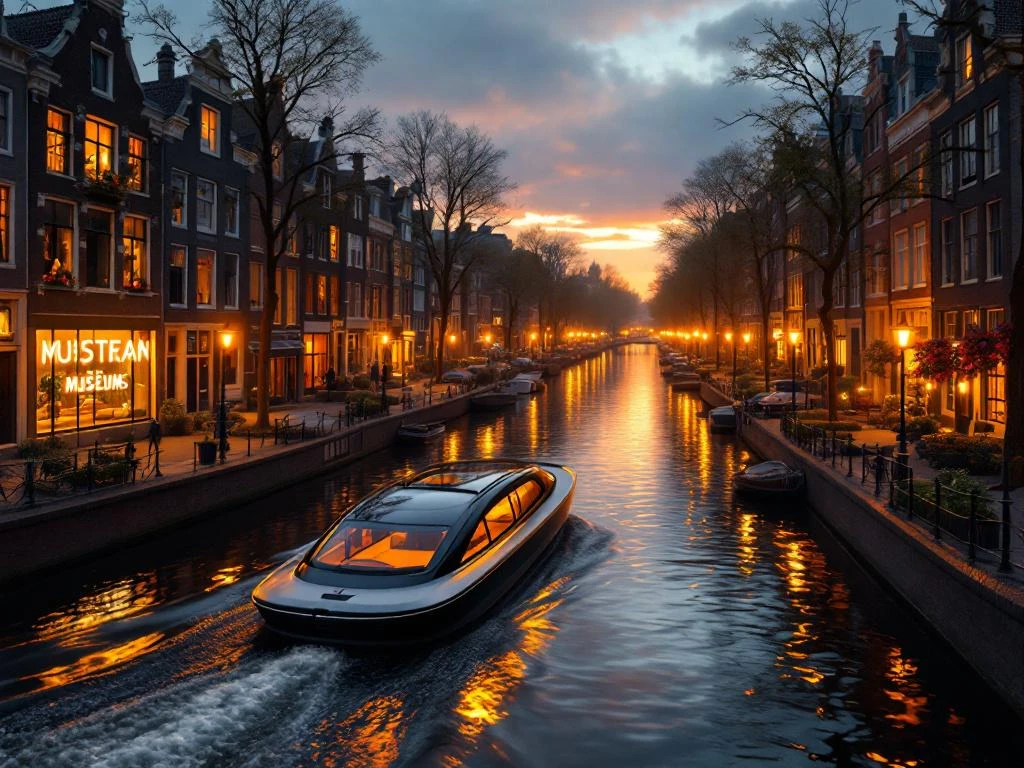 Electric boat cruising Amsterdam's historic canals at golden hour with illuminated gabled houses and glowing museum windows.