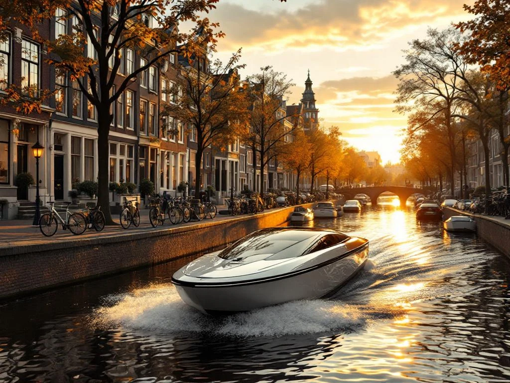 Electric boat cruising Amsterdam canal at golden hour with traditional Dutch houses and bicycles along cobblestone streets