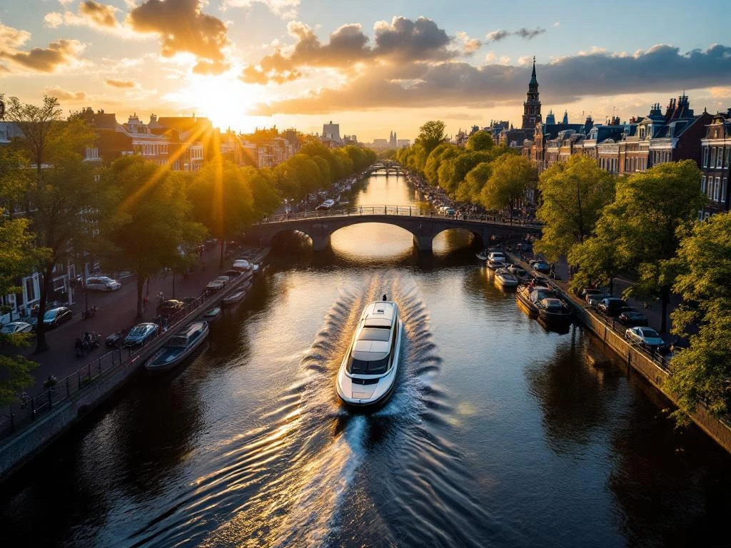 Electric boat cruising Amsterdam's historic canals at golden hour with 17th-century architecture and warm sunlight reflecting on water.