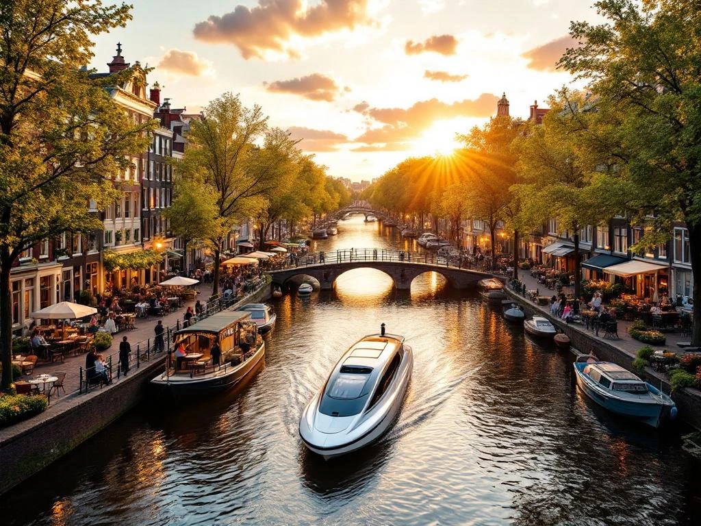 Electric boat on Amsterdam canal at sunset with historic gabled houses, waterside dining, and romantic bridge scenes