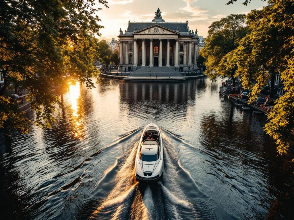 Electric boat navigating Amsterdam canal toward classical museum building during golden hour with historic gabled houses