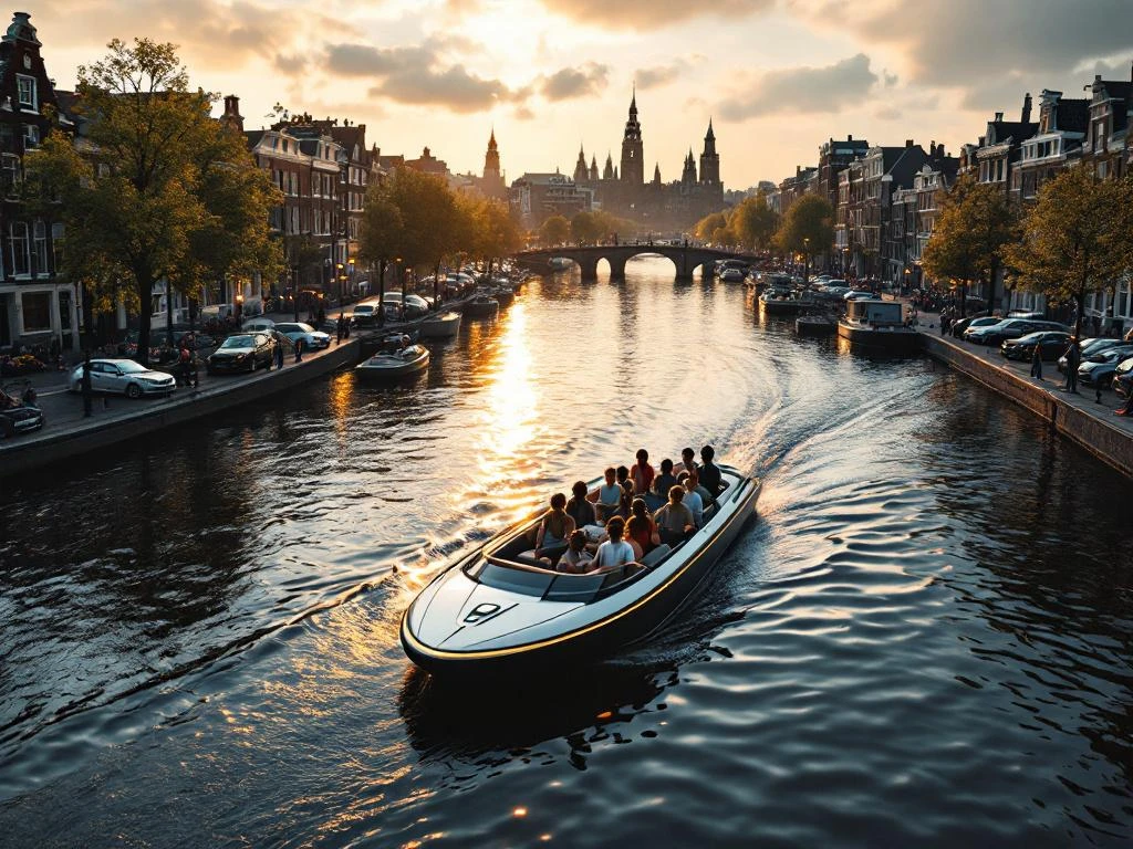 Electric boat carrying diverse passengers gliding through Amsterdam's historic canals during golden hour with gabled houses