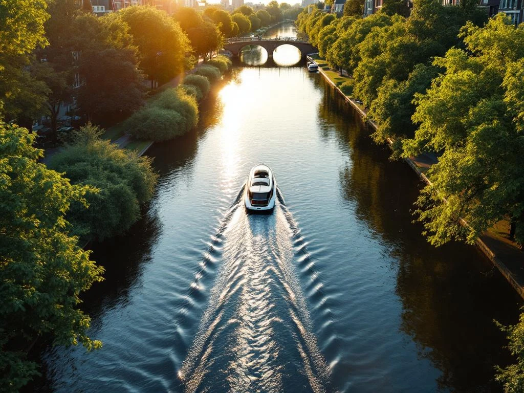 Electric boat navigating Amsterdam canal toward Vondelpark during golden hour with historic Dutch architecture and bridges