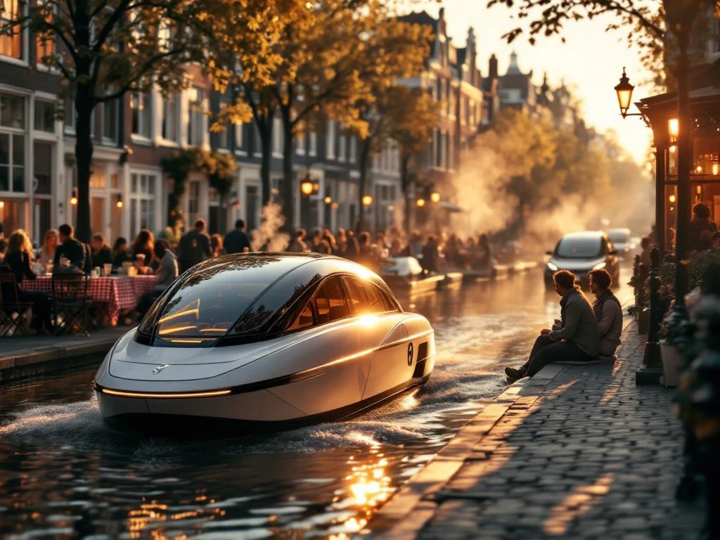 Electric boat on Amsterdam canal with historic Dutch houses and waterside café during golden hour lighting.