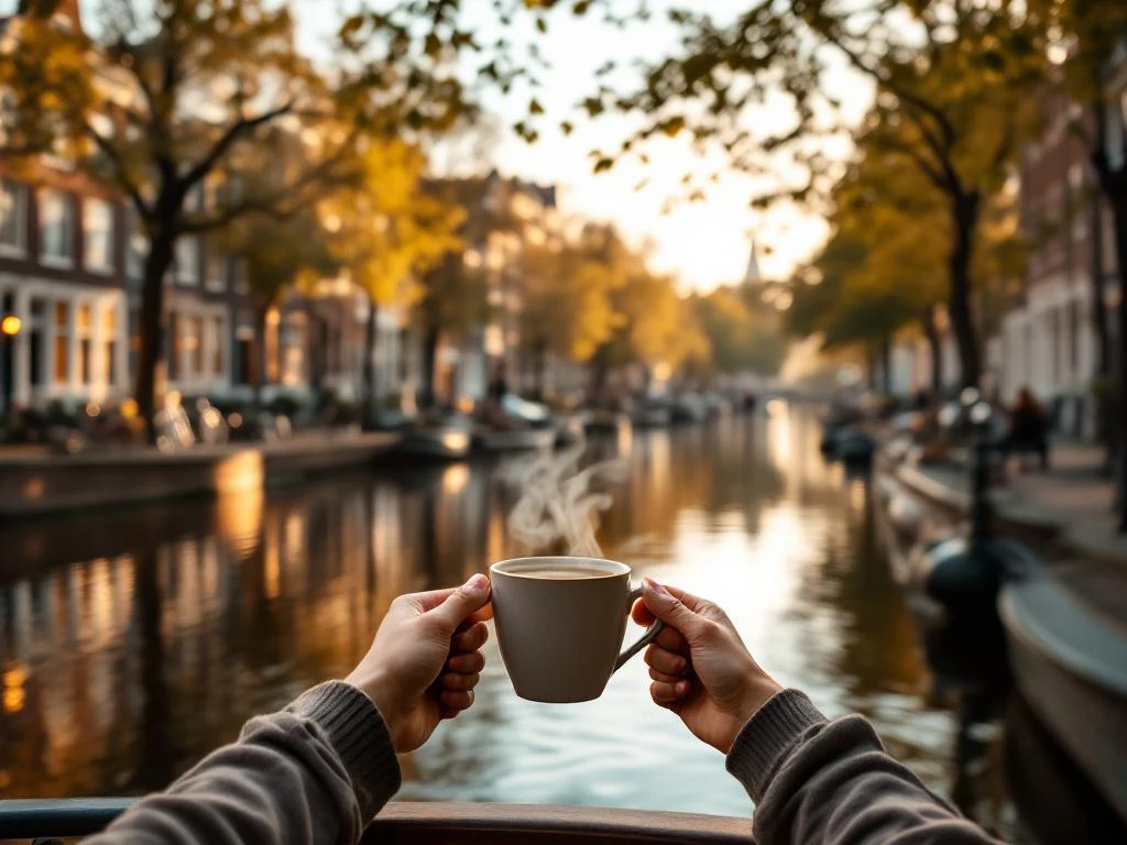 Person holding coffee cup on boat deck viewing Amsterdam canal houses with golden hour reflections in calm water.