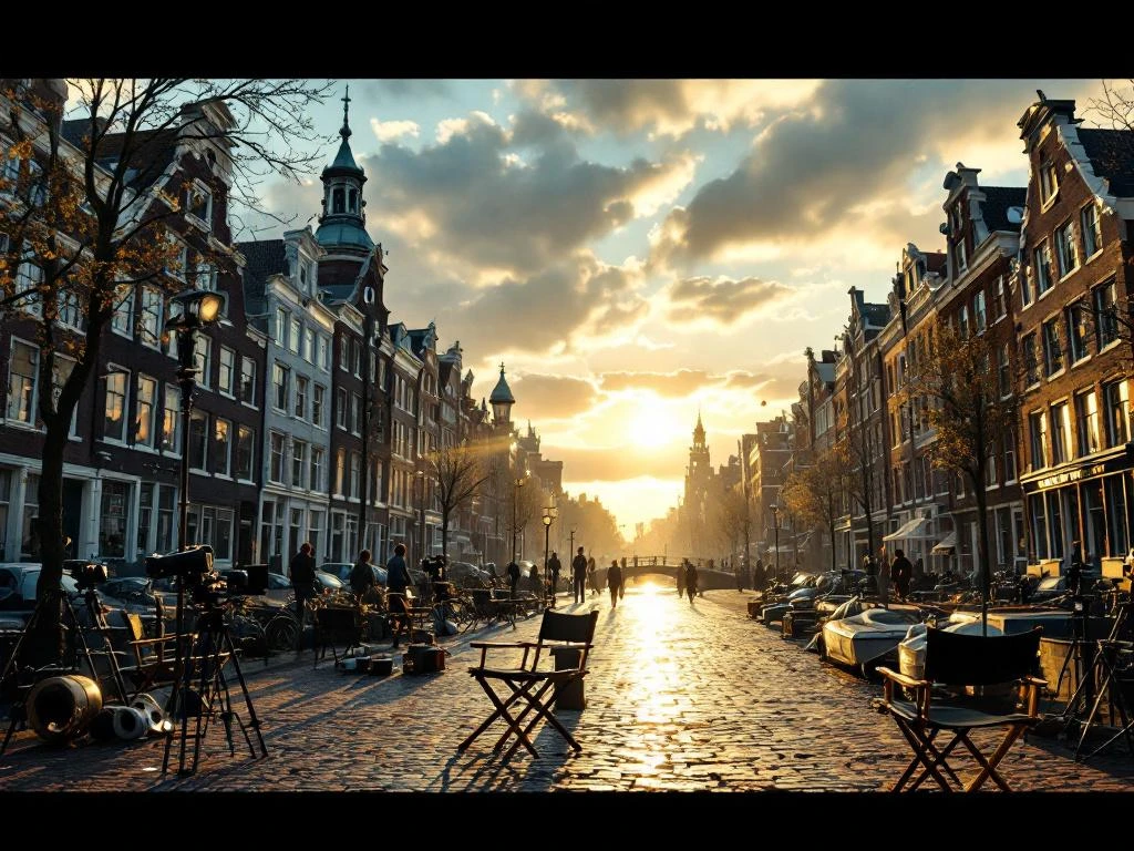 Amsterdam canal houses and bridges transformed into cinematic movie set with vintage film equipment during golden hour lighting.